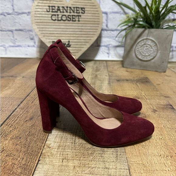 Madewell Sz 5 Cara Red Suede Block Heel Adjustable Stretch Buckle Ankle Strap - Picture 6 of 10